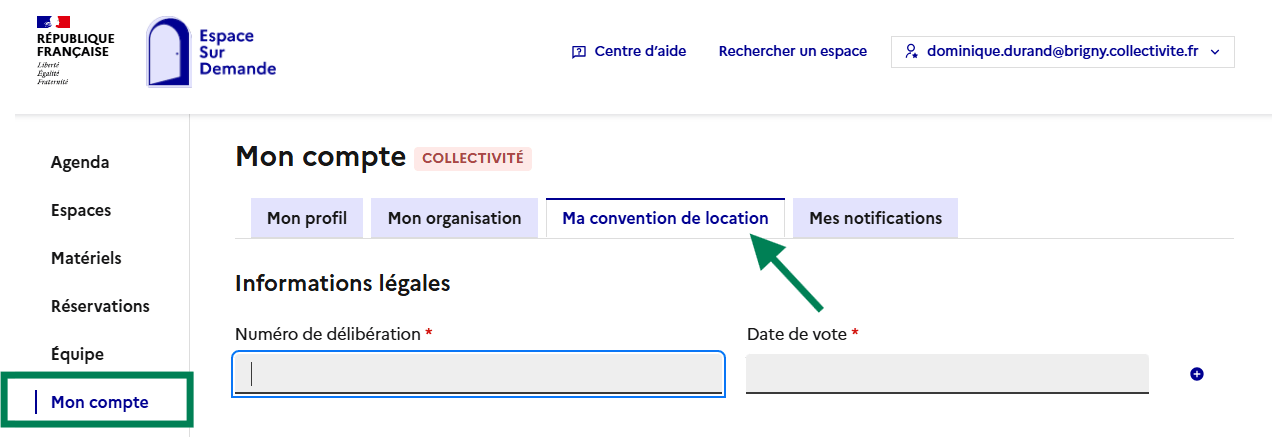 Menu de navigation, cliquez sur 'Mon compte' puis dans les onglets de navigation, cliquez sur 'Ma convention de location'